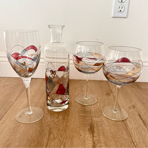 Set Of 4 Romanian Mosaic Stained Glass Crystal, 3 PCs Wine Glasses, 1  Decanter